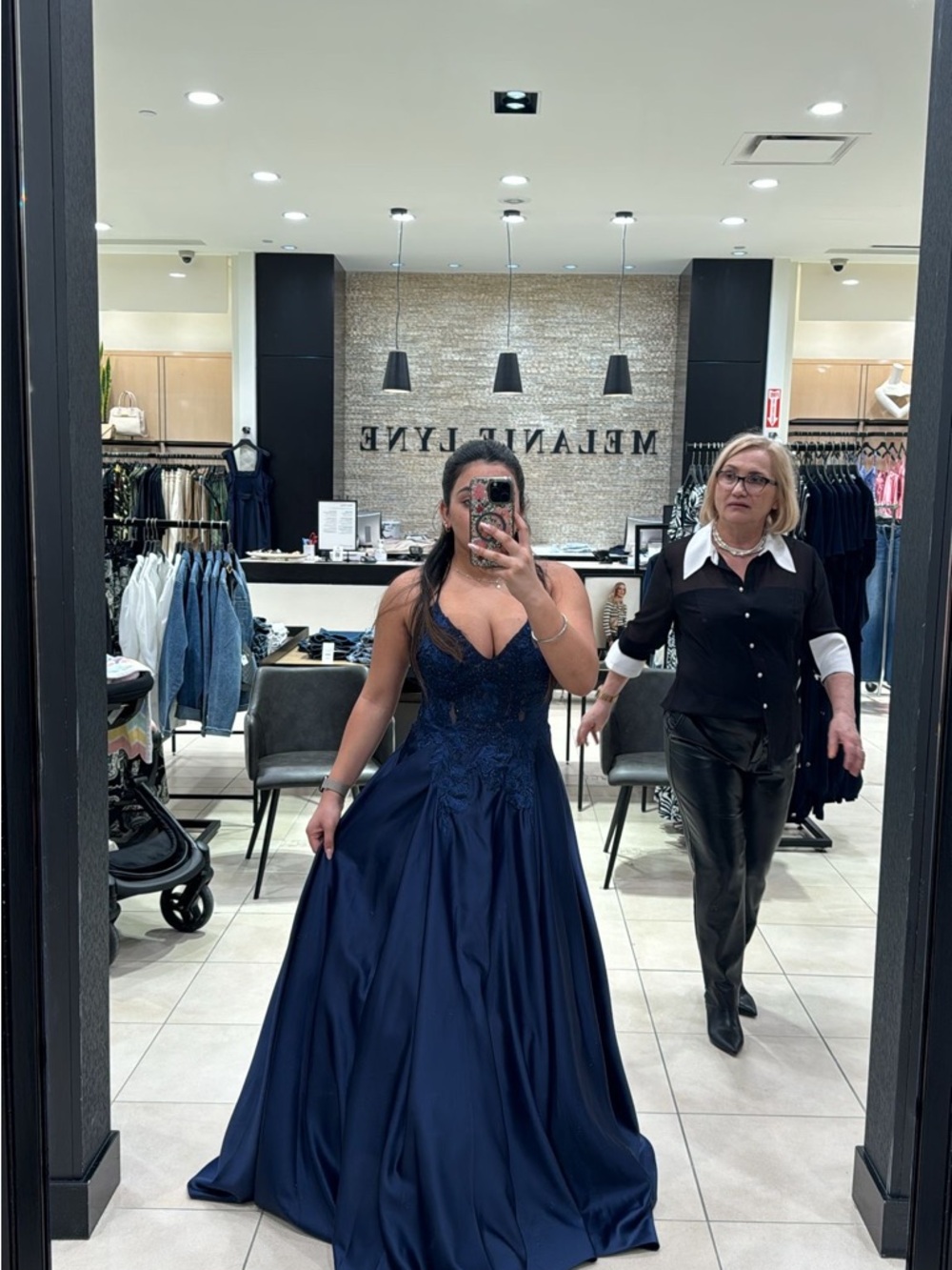 Melanie Lynne Navy Blue Prom Gown with Lace Bodice